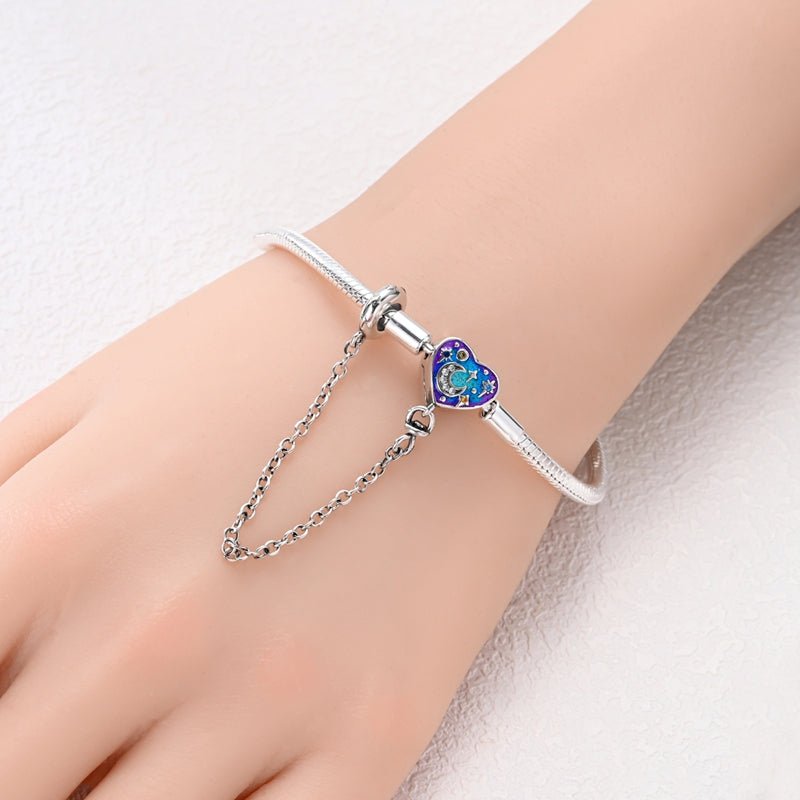 Starry Night Heart Charm Bracelet with Safety Chain
