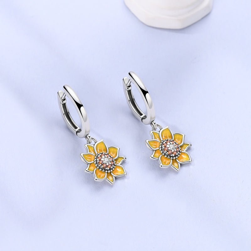 Sunflower Bloom Drop Hoop Earrings