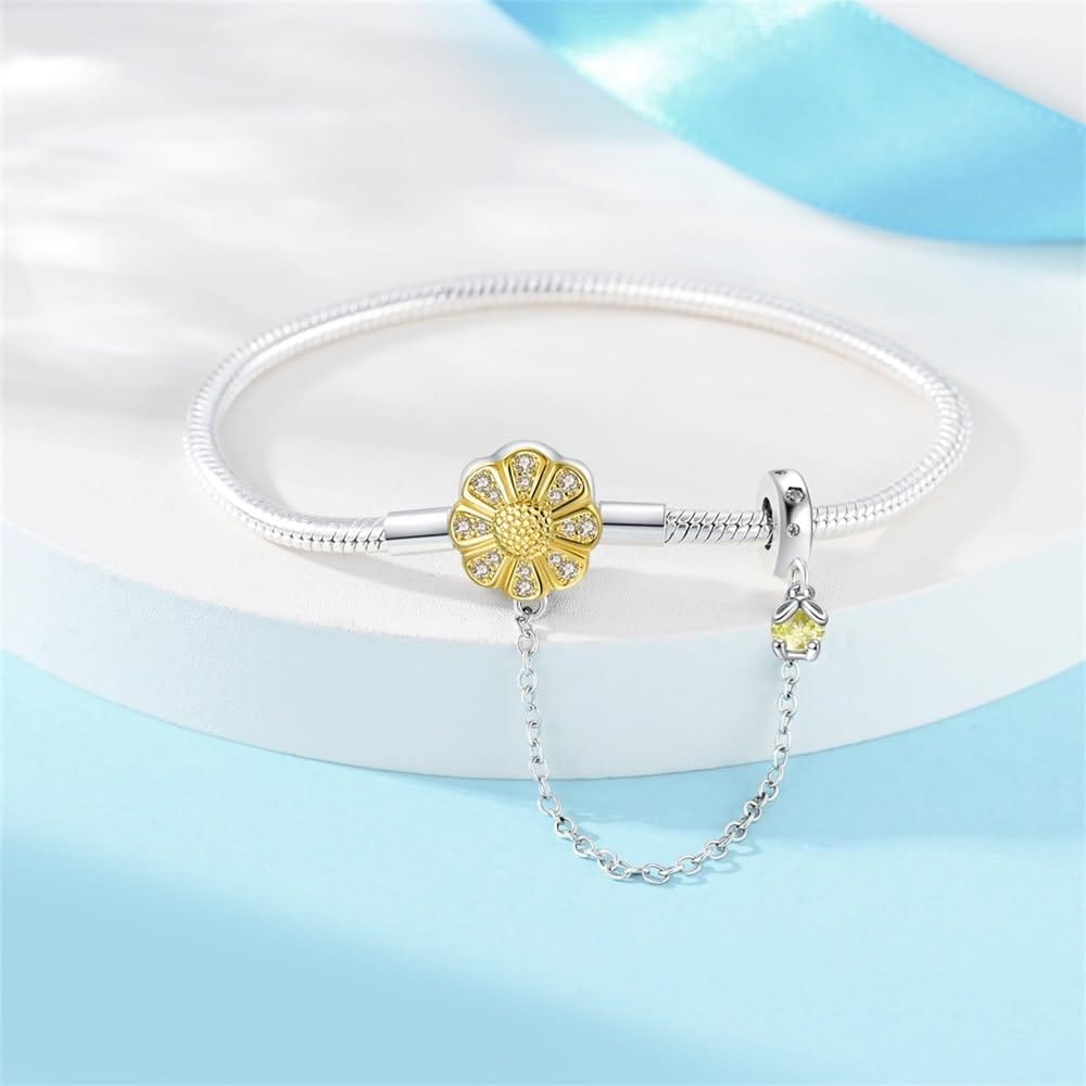 Sunflower Charm Bracelet with Safety Chain and Dangle