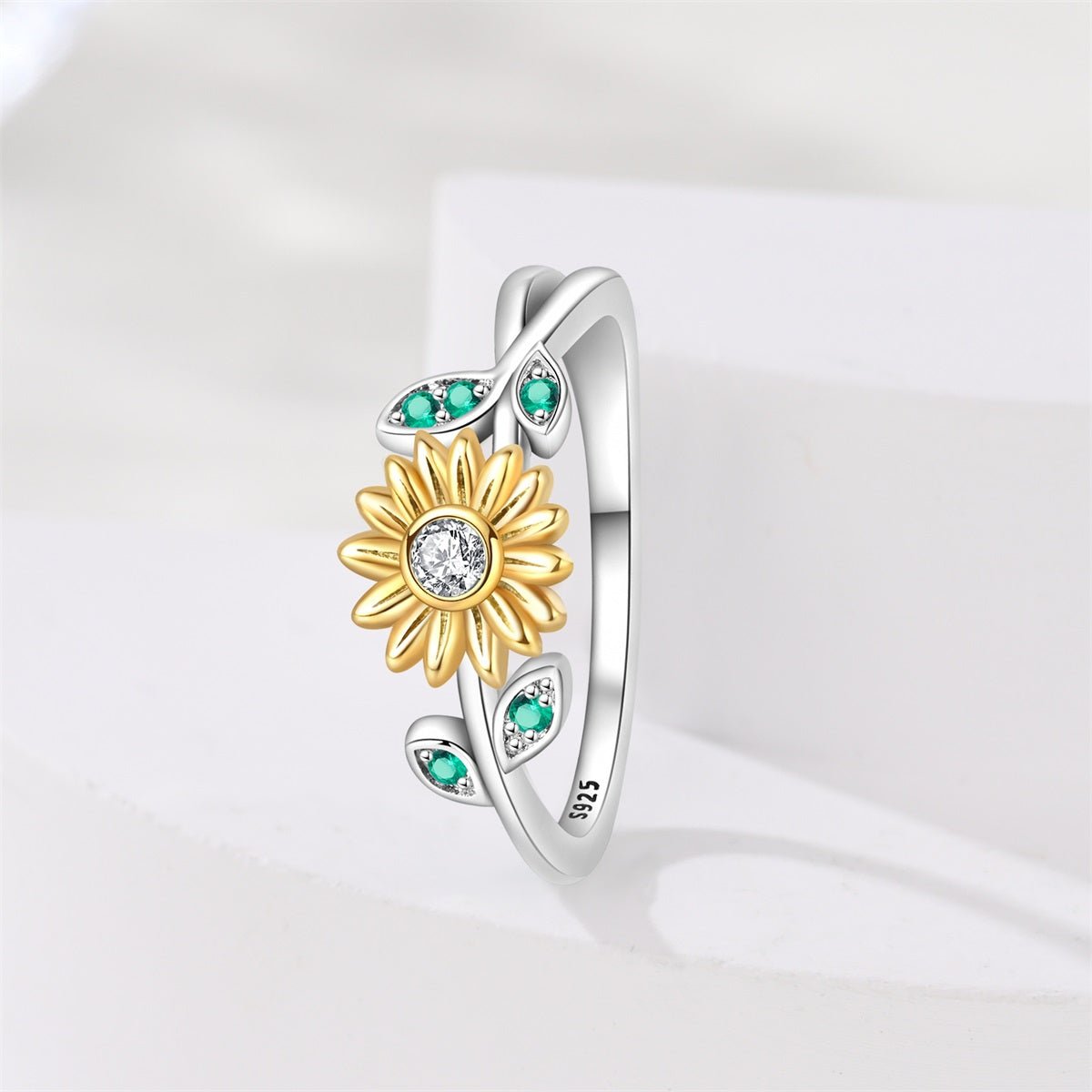Sunflower & Green Leaf Ring