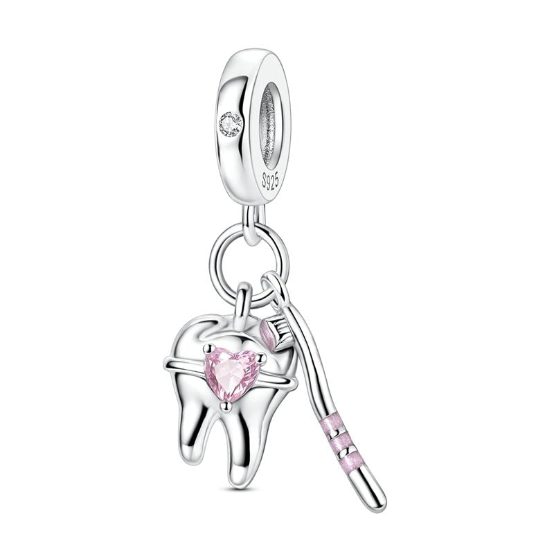 Tooth & Toothbrush Pink Heart Dangle Charm