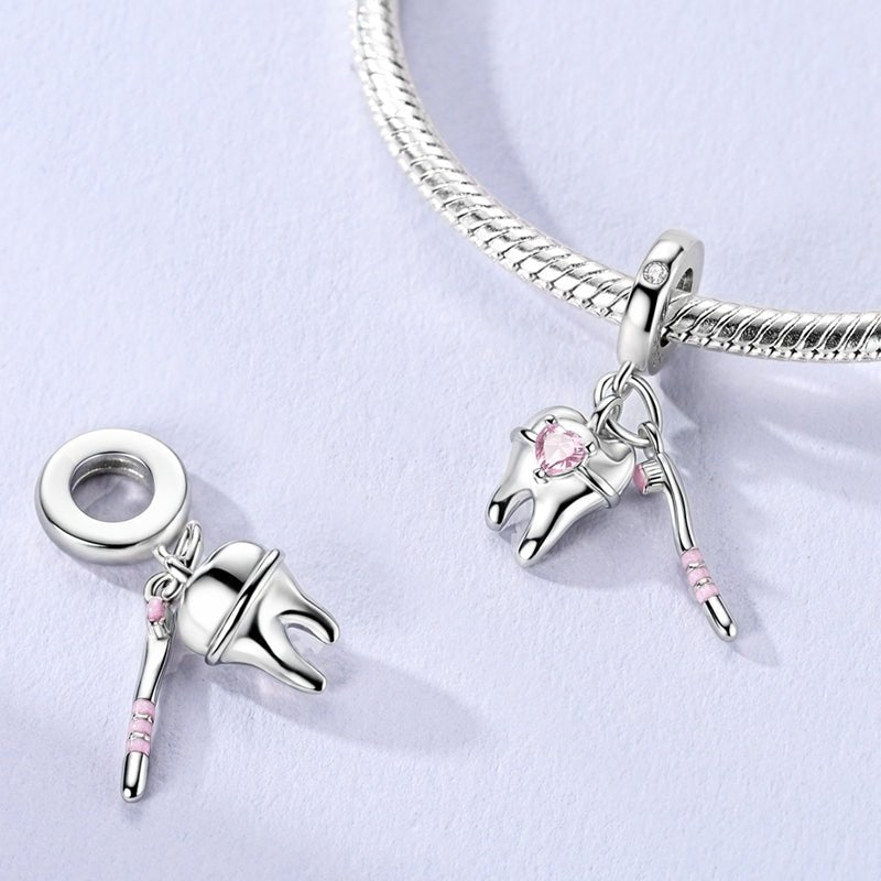 Tooth & Toothbrush Pink Heart Dangle Charm