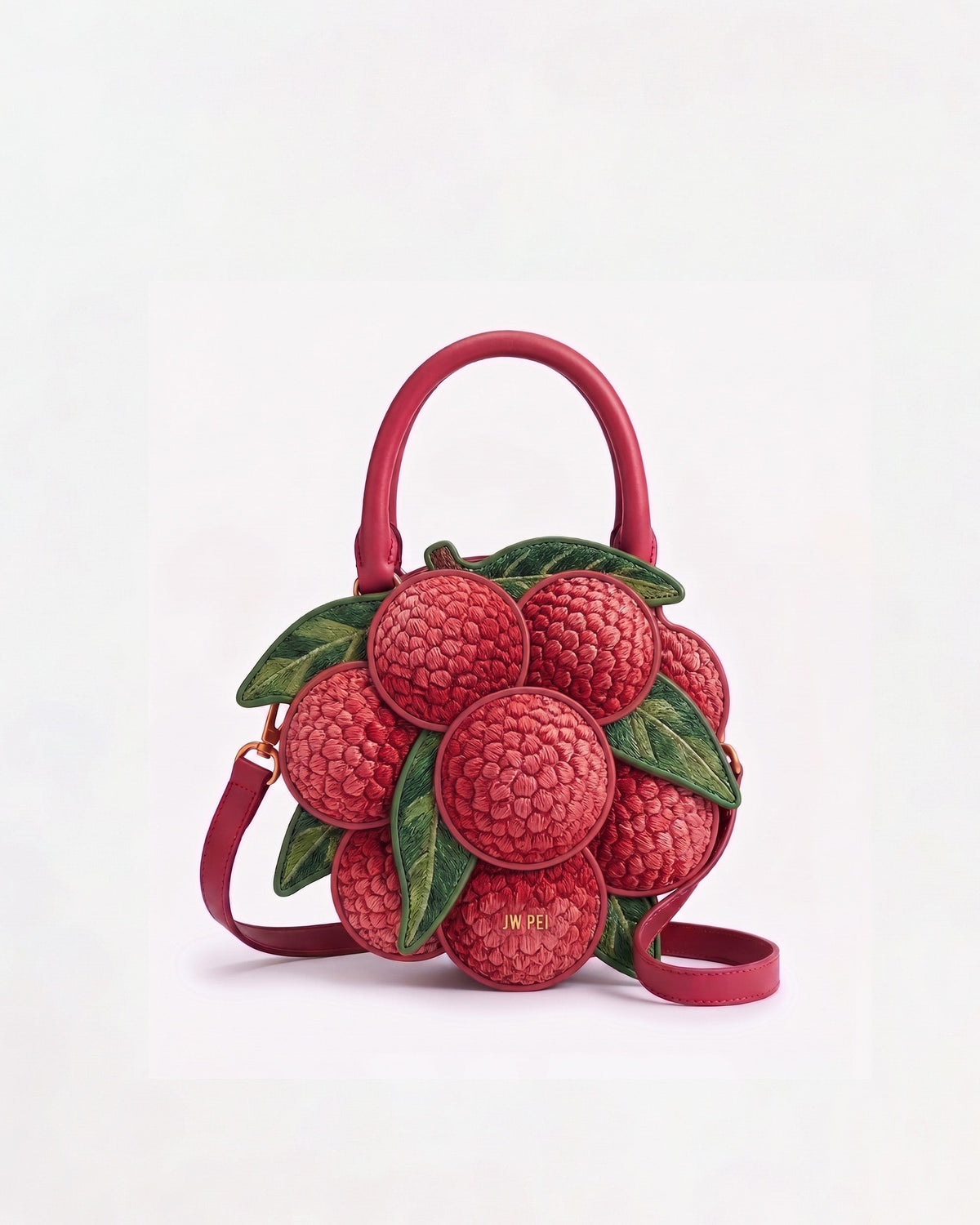 Lychee Embroidered Top Handle Bag - Red