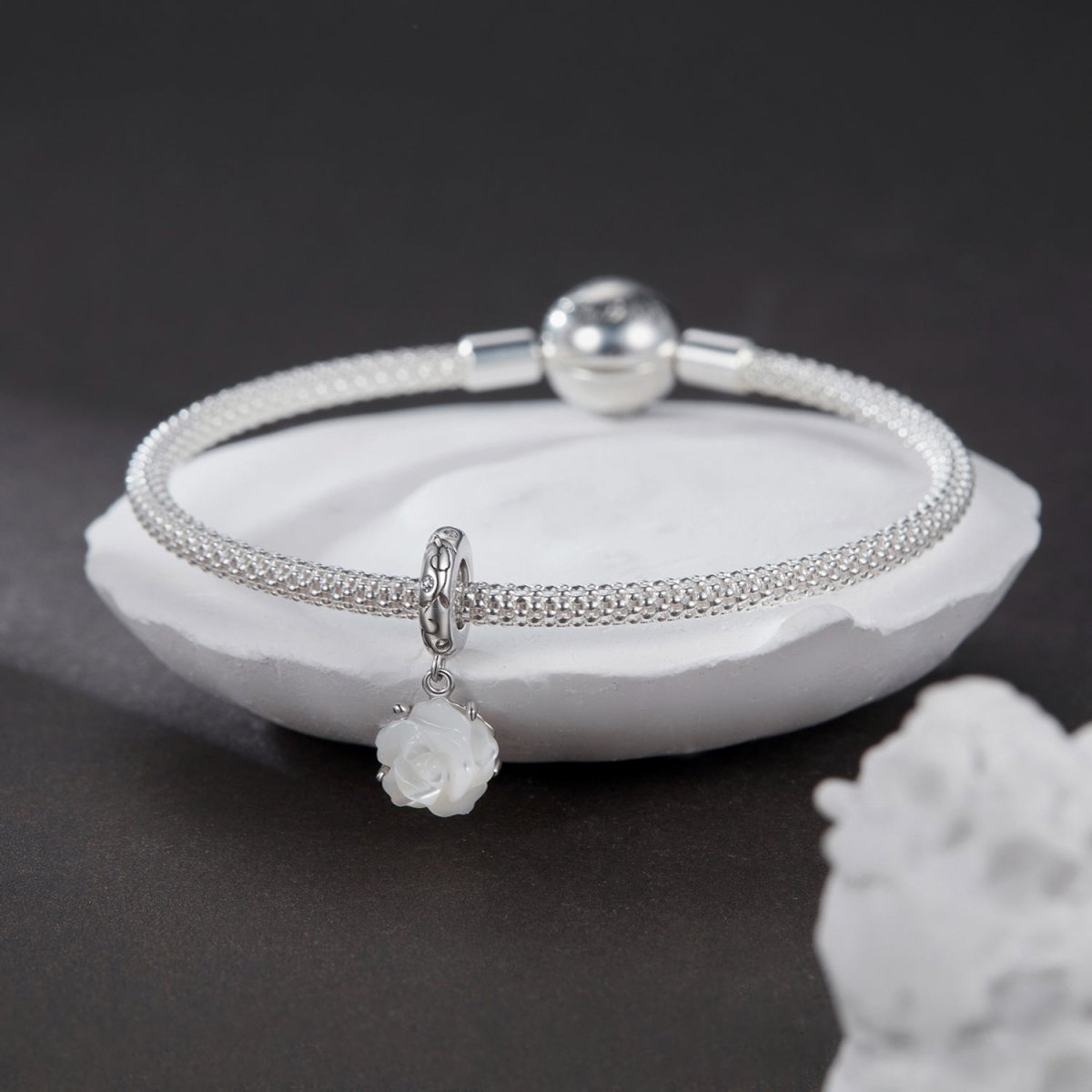 White Rose in Bloom Double Dangle Charm